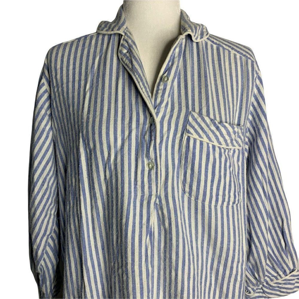 Amanda Stewart Flannel Night Shirt M Blue Striped Long Sleeves Pockets Modest